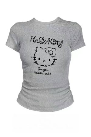 American Retro Hello Kitty Cartoon Printed Short-Sleeve T-Shirt for Women - Slim Fit Summer Style, Flattering Niche Design