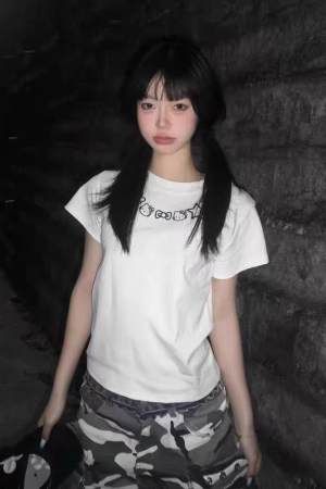 American Retro Kitty Cat Print White Short Sleeve T-Shirt for Women - Summer Slim Fit Trendy Top, Y2K Style