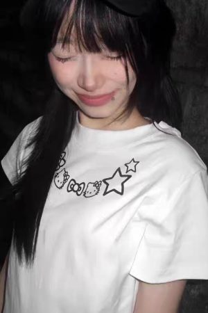 American Retro Kitty Cat Print White Short Sleeve T-Shirt for Women - Summer Slim Fit Trendy Top, Y2K Style