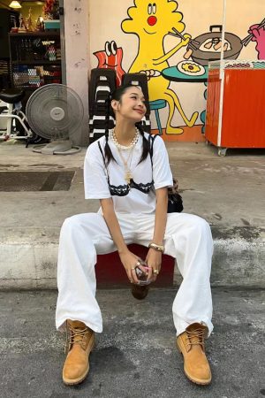 American Retro Lace Corset Short Sleeve T-Shirt for Women - Oversized Spicy Girl Top with Trendy Print