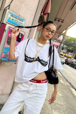 American Retro Lace Corset Short Sleeve T-Shirt for Women - Oversized Spicy Girl Top with Trendy Print