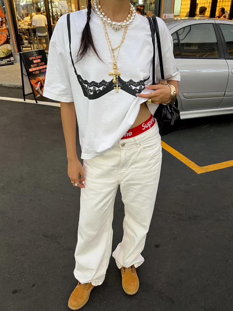 American Retro Lace Corset Short Sleeve T-Shirt for Women - Oversized Spicy Girl Top with Trendy Print American Retro Lace Corset Short Sleeve T-Shirt for Women - Oversized Spicy Girl Top with Trendy Print