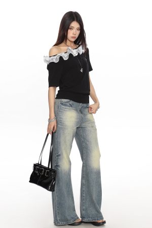 American Retro Lace Off-Shoulder One-Shoulder Short Sleeve T-Shirt for Women - Summer Spicy Girl Top, Y2K Fashion Trend