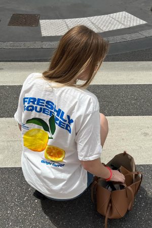 American Retro Lemon Print Oversized Cotton Short Sleeve T-Shirt for Women - Trendy Y2K Style Top