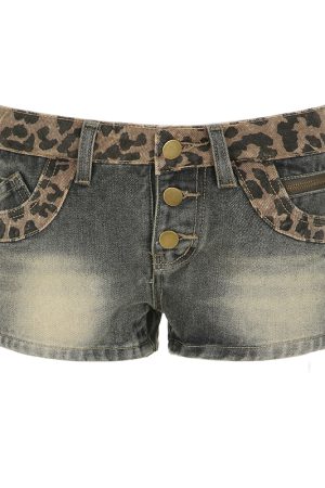 American Retro Leopard Print Patchwork Distressed Denim Low-Waist Slim Fit Bodycon Shorts for Spicy Girls
