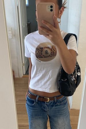 American Retro Leopard Print Short Sleeve Crop Top for Women - Sexy Shoulder-Baring Billiard Style, Sweet and Spicy Fashion