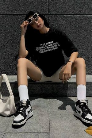 American Retro Letter Print Black Oversized Short Sleeve T-Shirt for Women, Trendy Y2K Style, Spicy Cutout Design