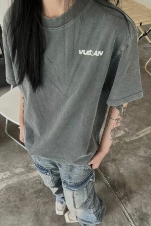 American Retro Letter Print Short-Sleeve T-Shirt for Women - Vintage 90s Loose Heavyweight Summer Top