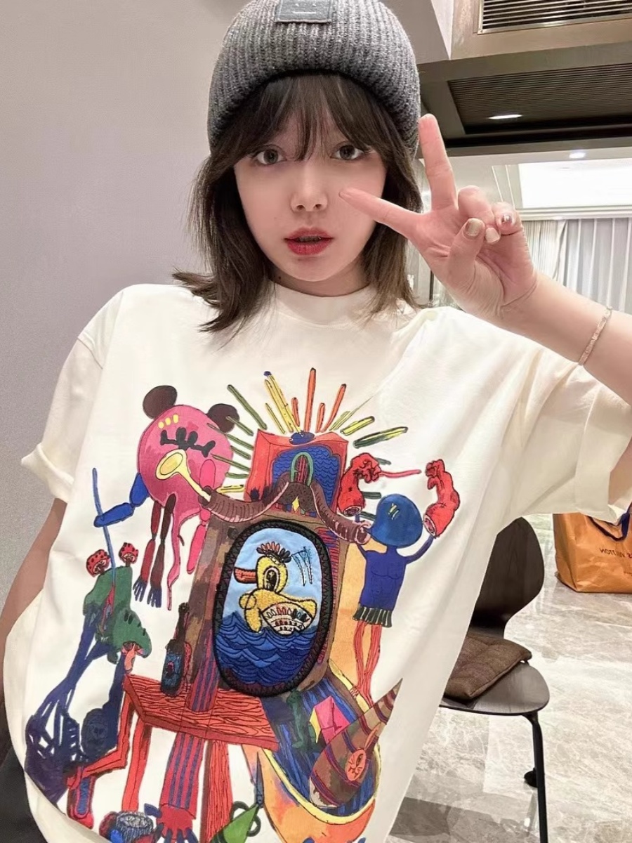 American Retro Loose-Fitting Pure Cotton Short-Sleeve T-Shirt for Women, Plus Size, Casual Versatile Style - Y2K Inspired American Retro Loose-Fitting Pure Cotton Short-Sleeve T-Shirt for Women, Plus Size, Casual Versatile Style - Y2K Inspired