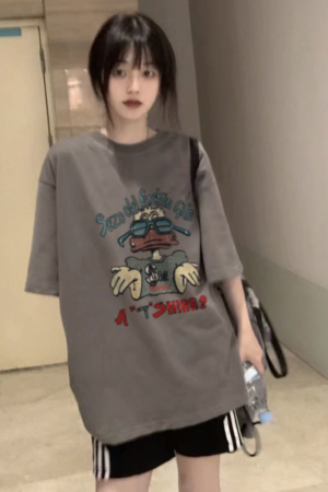 American Retro Oversized Cotton Duck Short-Sleeve T-Shirt for Men and Women, Plus Size, Loose Fit, Trendy Couple's Outfit