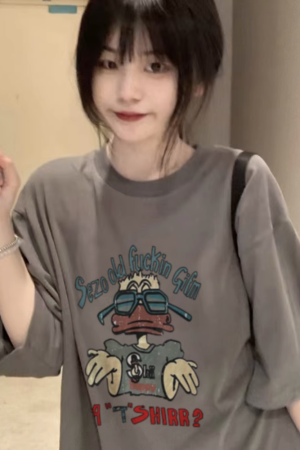 American Retro Oversized Cotton Duck Short-Sleeve T-Shirt for Men and Women, Plus Size, Loose Fit, Trendy Couple's Outfit