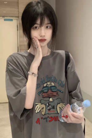 American Retro Oversized Cotton Duck Short-Sleeve T-Shirt for Men and Women, Plus Size, Loose Fit, Trendy Couple's Outfit