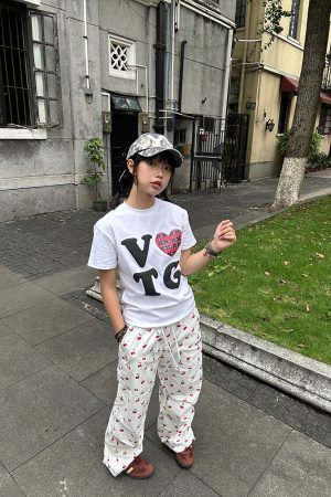 American Retro Plaid Heart Print Short Sleeve T-Shirt for Men and Women, Loose Casual Fit, Trendy Versatile Y2K Style Top