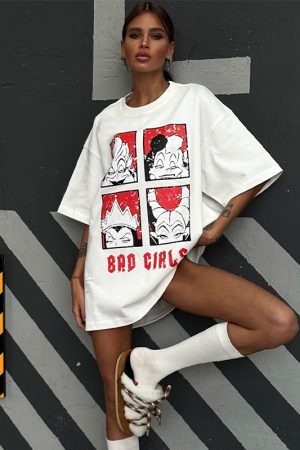 American Retro Quirky Cartoon Mermaid Sea Monster Print Oversized Short Sleeve T-Shirt for Women - Y2K Hot Girl Style