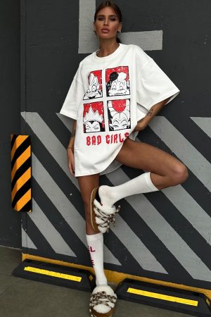 American Retro Quirky Cartoon Mermaid Sea Monster Print Oversized Short Sleeve T-Shirt for Women - Y2K Hot Girl Style