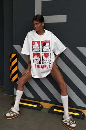 American Retro Quirky Cartoon Mermaid Sea Monster Print Oversized Short Sleeve T-Shirt for Women - Y2K Hot Girl Style