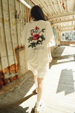 American Retro Rose Couple T-Shirt for Men - Trendy Loose Fit Short Sleeve Top, Y2K Style Fashion for Couples