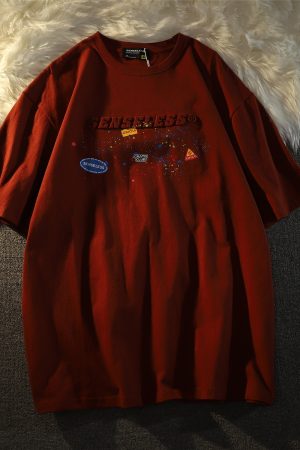 American Retro Splatter Letter Pure Cotton Short Sleeve T-Shirt for Men and Women, Plus Size, Loose Fit, Unisex Casual Wear