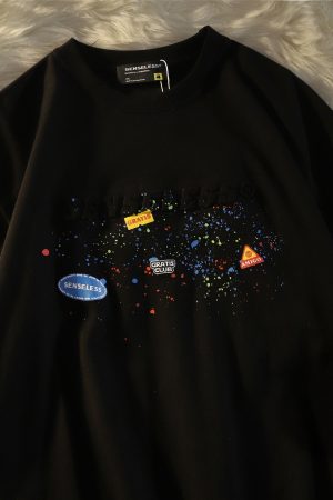 American Retro Splatter Letter Pure Cotton Short Sleeve T-Shirt for Men and Women, Plus Size, Loose Fit, Unisex Casual Wear