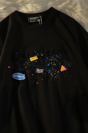 American Retro Splatter Letter Pure Cotton Short Sleeve T-Shirt for Men and Women, Plus Size, Loose Fit, Unisex Casual Wear