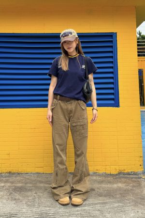 American Retro Straight-Leg Micro-Flare Work Pants for Men and Women, Multi-Pocket Street Style Spliced Long Pants