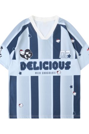 American Retro Striped Color-Blocking V-Neck Short Sleeve Jersey T-Shirt for Men and Women - Breathable Summer Sports Base Layer