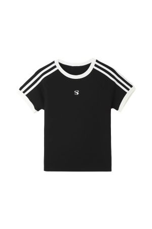 American Retro Three-Stripe Shoulder Short Sleeve T-Shirt for Women - Summer Slim Fit Sexy Top, Y2K Style