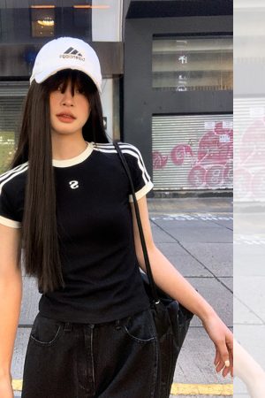 American Retro Three-Stripe Shoulder Short Sleeve T-Shirt for Women - Summer Slim Fit Sexy Top, Y2K Style