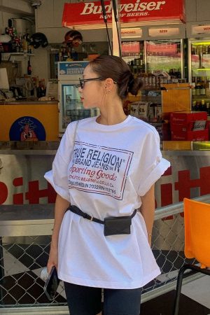 American Retro Trendy Letter Print White Oversized Short Sleeve T-Shirt for Women - Summer Fashion Hot Girl Style