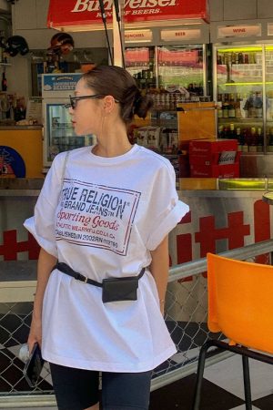 American Retro Trendy Letter Print White Oversized Short Sleeve T-Shirt for Women - Summer Fashion Hot Girl Style