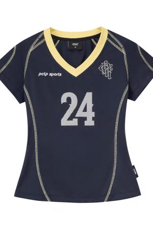 American Retro V-Neck Shoulder T-Shirt for Women, Summer Digital Print, Sporty Short Sleeves, Slim Fit, Trendy Y2K Top