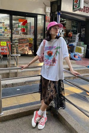 American Retro Vintage Sunrise Scenery White Short Sleeve T-Shirt for Women - Oversized Trendy Casual Top, Y2K Style