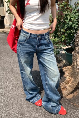 American Retro Washed Ripple Design Denim Pants for Men and Women - Loose Casual Versatile Wide-Leg Straight Long Trousers