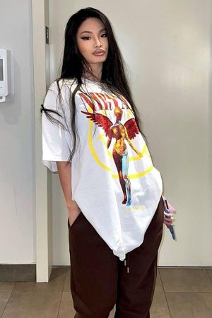 American Retro White Angel Oversized Short Sleeve T-Shirt for Women - Niche Design Spicy Girl Top, 90s Style
