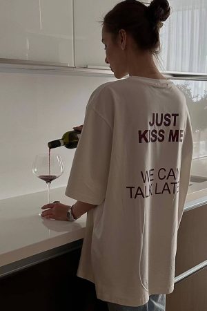 American Retro White Letter Printed Oversized Short Sleeve T-Shirt for Women - Summer Trendy Y2K Style Half-Sleeve Top