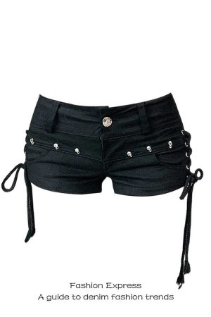 American Style Black Denim Ultra-Short Shorts with Strap Design - Slimming Body-Hugging Trendy Hot Pants for a Sexy Look