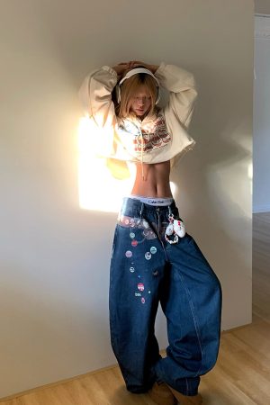 American Style Fun Badge Printed Denim Pants - Loose Wide-Leg Straight Trousers for Men and Women - 90s Y2K Fashion