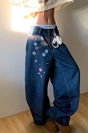 American Style Fun Badge Printed Denim Pants - Loose Wide-Leg Straight Trousers for Men and Women - 90s Y2K Fashion