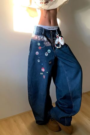 American Style Fun Badge Printed Denim Pants - Loose Wide-Leg Straight Trousers for Men and Women - 90s Y2K Fashion