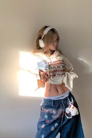 American Style Fun Badge Printed Denim Pants - Loose Wide-Leg Straight Trousers for Men and Women - 90s Y2K Fashion