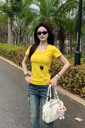 American Style Short Sleeve T-Shirt for Women - Pure Desire Slim Fit Round Neck Top - Versatile Spring Summer 2025 Fashion