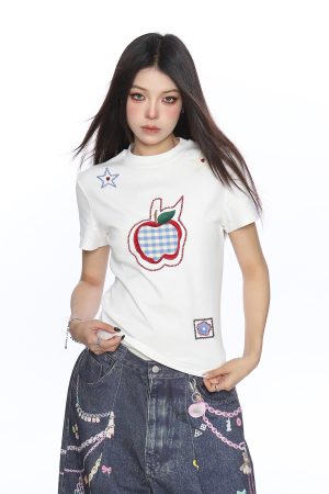 American-Style Small Apple Embroidered Short Sleeve T-Shirt for Women - Casual Summer Slimming Top, Versatile Lazy Style