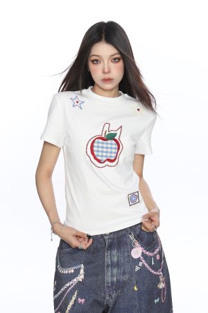 American-Style Small Apple Embroidered Short Sleeve T-Shirt for Women - Casual Summer Slimming Top, Versatile Lazy Style