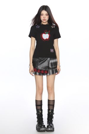 American-Style Small Apple Embroidered Short Sleeve T-Shirt for Women - Casual Summer Slimming Top, Versatile Lazy Style