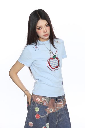 American-Style Small Apple Embroidered Short Sleeve T-Shirt for Women - Casual Summer Slimming Top, Versatile Lazy Style