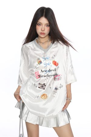 American V-Neck Lace-Trim Short Sleeve T-Shirt for Women - Summer Jersey Blokette Sports Top in Casual 90s Style