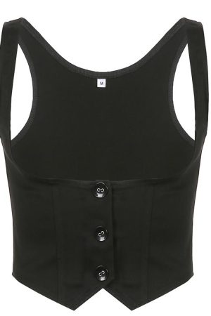 American Vintage Black Button Vest for Women - Versatile Waist-Defining Slim Top in Y2K Style