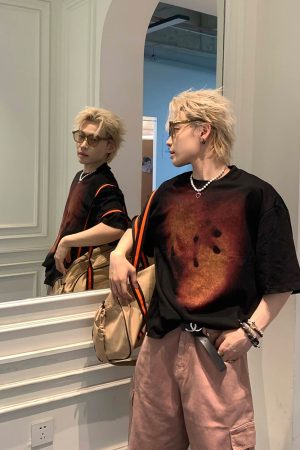 American Vintage Blurry Abstract Print Short Sleeve T-Shirt for Men and Women, Summer Loose Fit, 90s Inspired Versatile Top