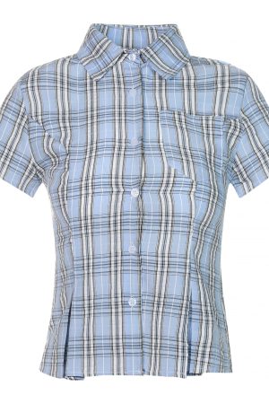 American Vintage College Style Women's Plaid Shoulder-Button Slim Fit Polo Shirt - Y2K Inspired Fashion Top