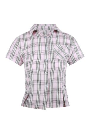 American Vintage College Style Women's Plaid Shoulder-Button Slim Fit Polo Shirt - Y2K Inspired Fashion Top